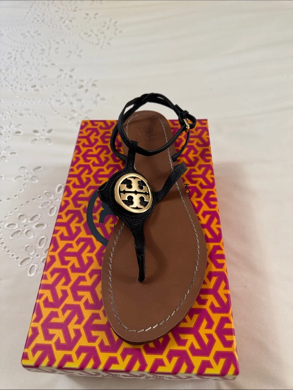 Tory Burch Black Leather Thong Sandal with Gold Logo